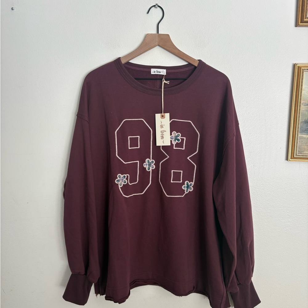 In Bloom Burgundy Distressed Boho Oversized Jersey Knit Top Women’s Large NWT AB
